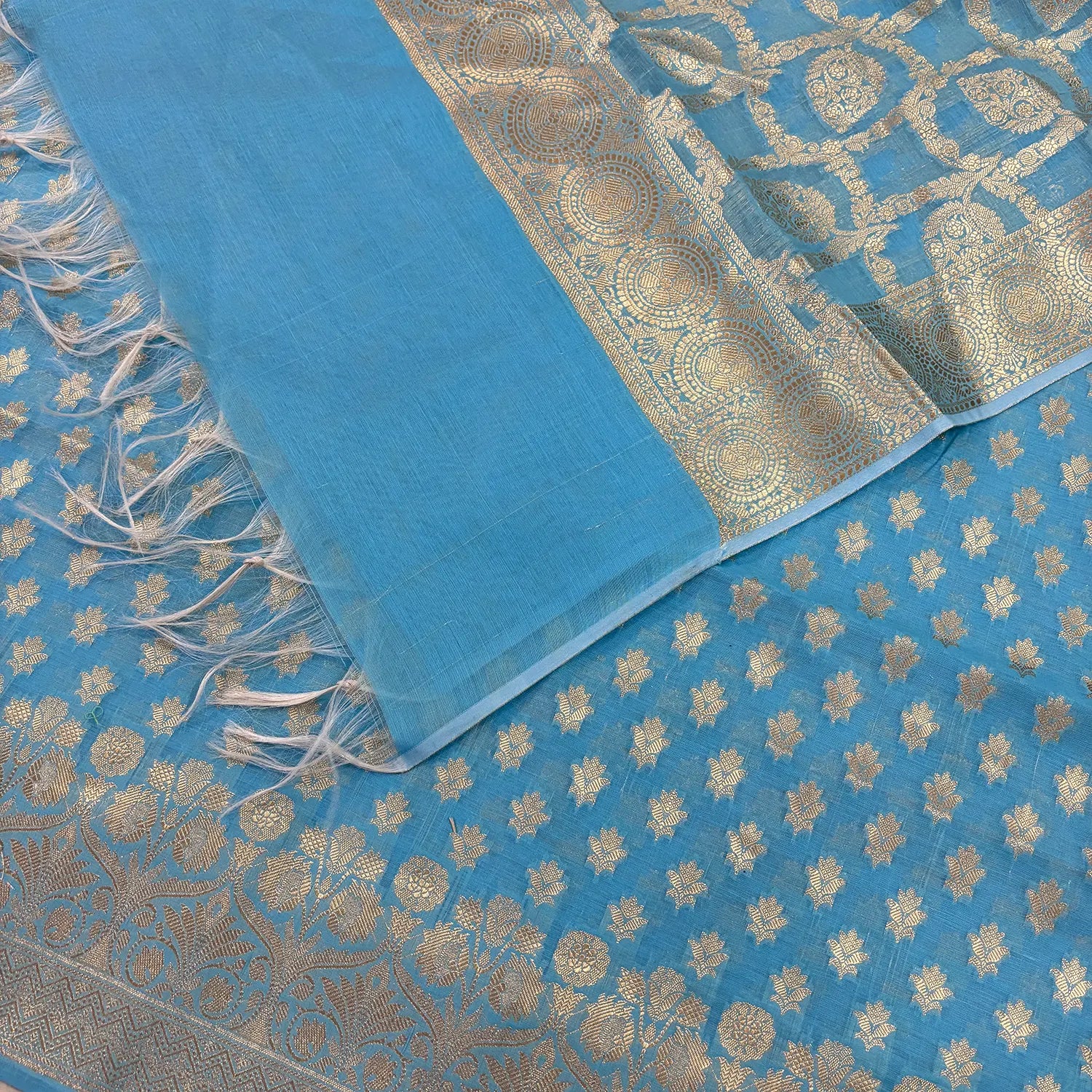 Firozi Golden Zari Resham Silk Banarasi Suit