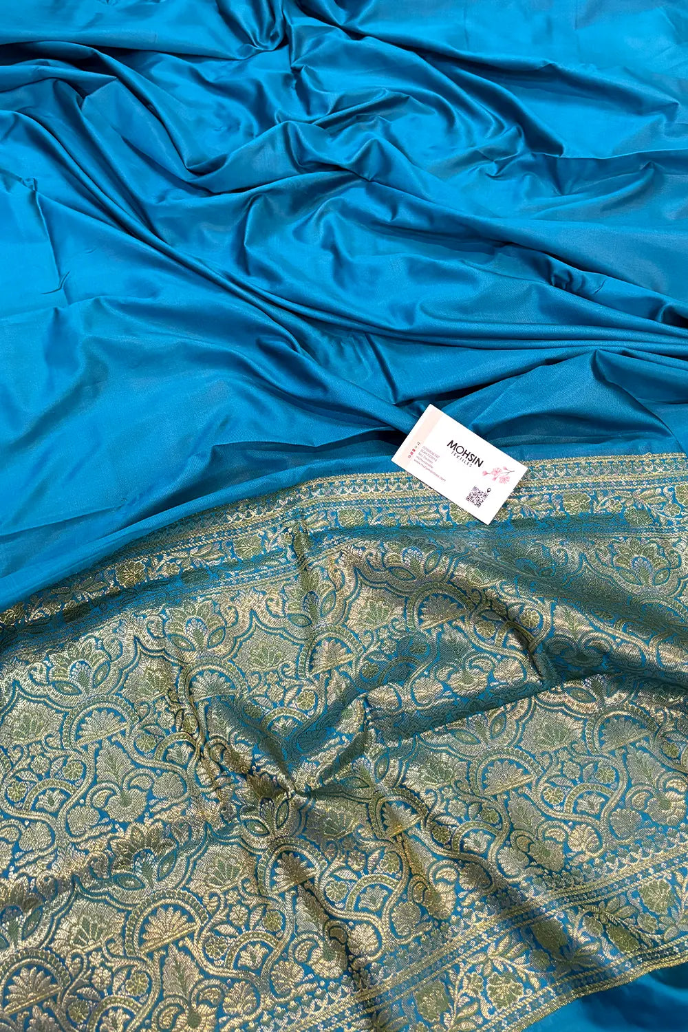 Firozi Plain Golden Zari Silky Banarasi Saree
