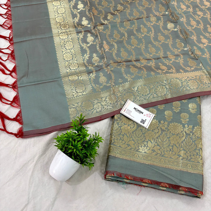 Grey Sunflower Katan Silk Banarasi Suit