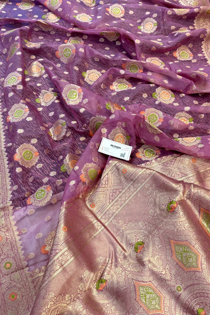 Lavender Golden Zari Organza Silk Banarasi Saree