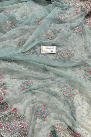 Mint Green Embroidery Siroski Brasso Net Saree