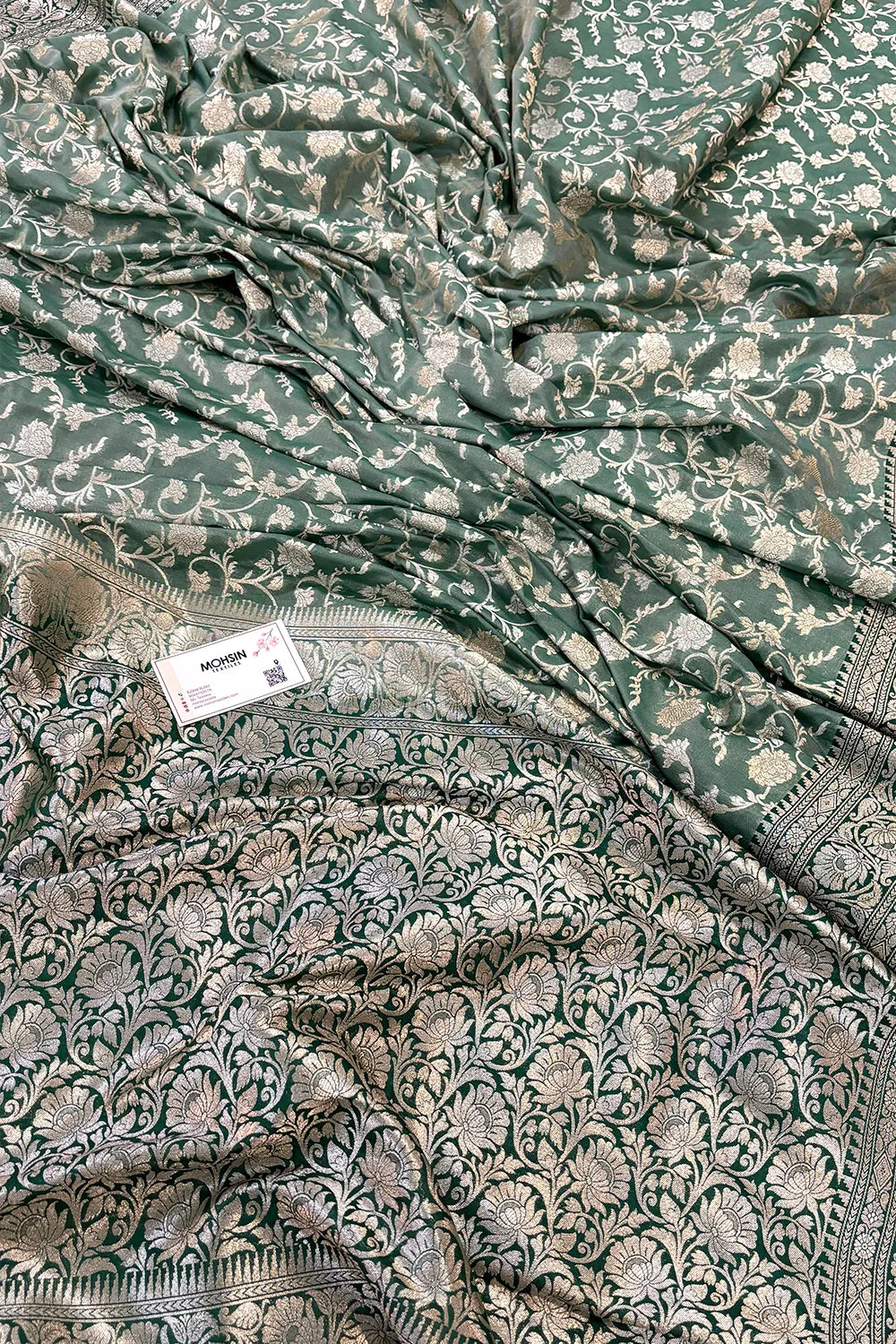 Mint and Bottle Green Gulabi Jaal Katan Silk Banarasi Saree