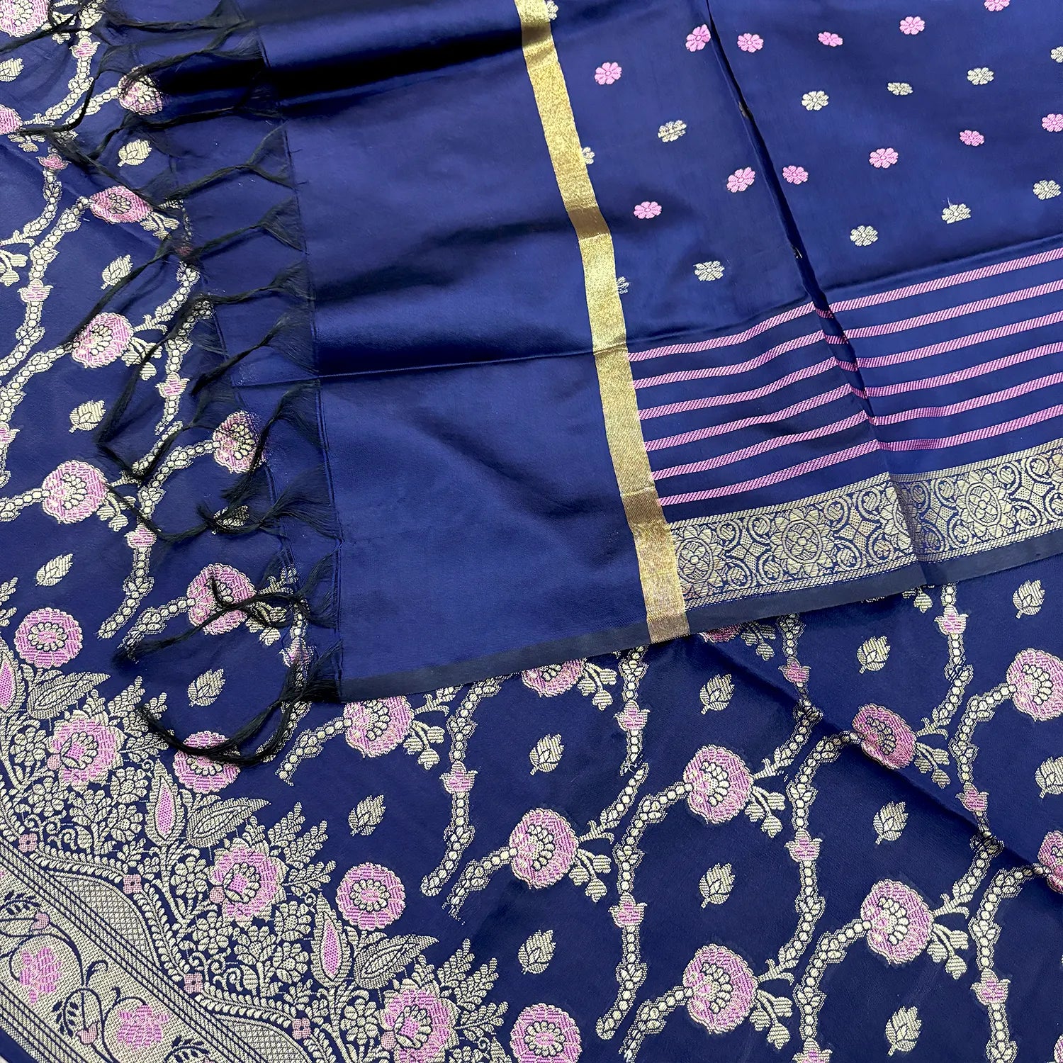Navy Blue Golden Zari Satin Silk Banarasi Suit