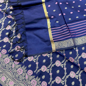 Navy Blue Golden Zari Satin Silk Banarasi Suit
