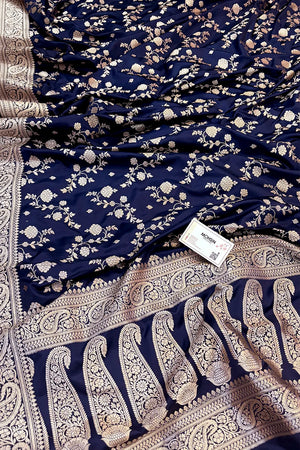 Navy Blue Nafis Jaal Katan Silk Banarasi Saree
