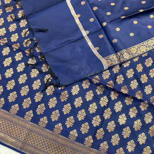 Navy Blue Tri Phool Satin Silk Banarasi Suit