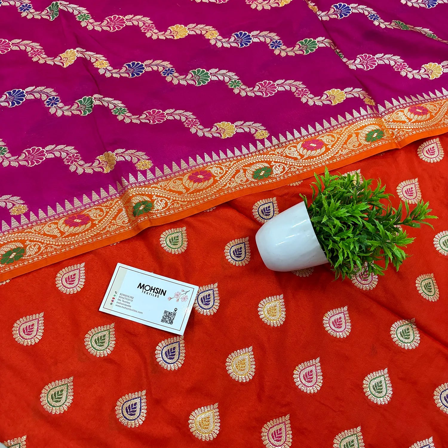 Orange and Pink Golden Zari Katan Silk Banarasi Suit