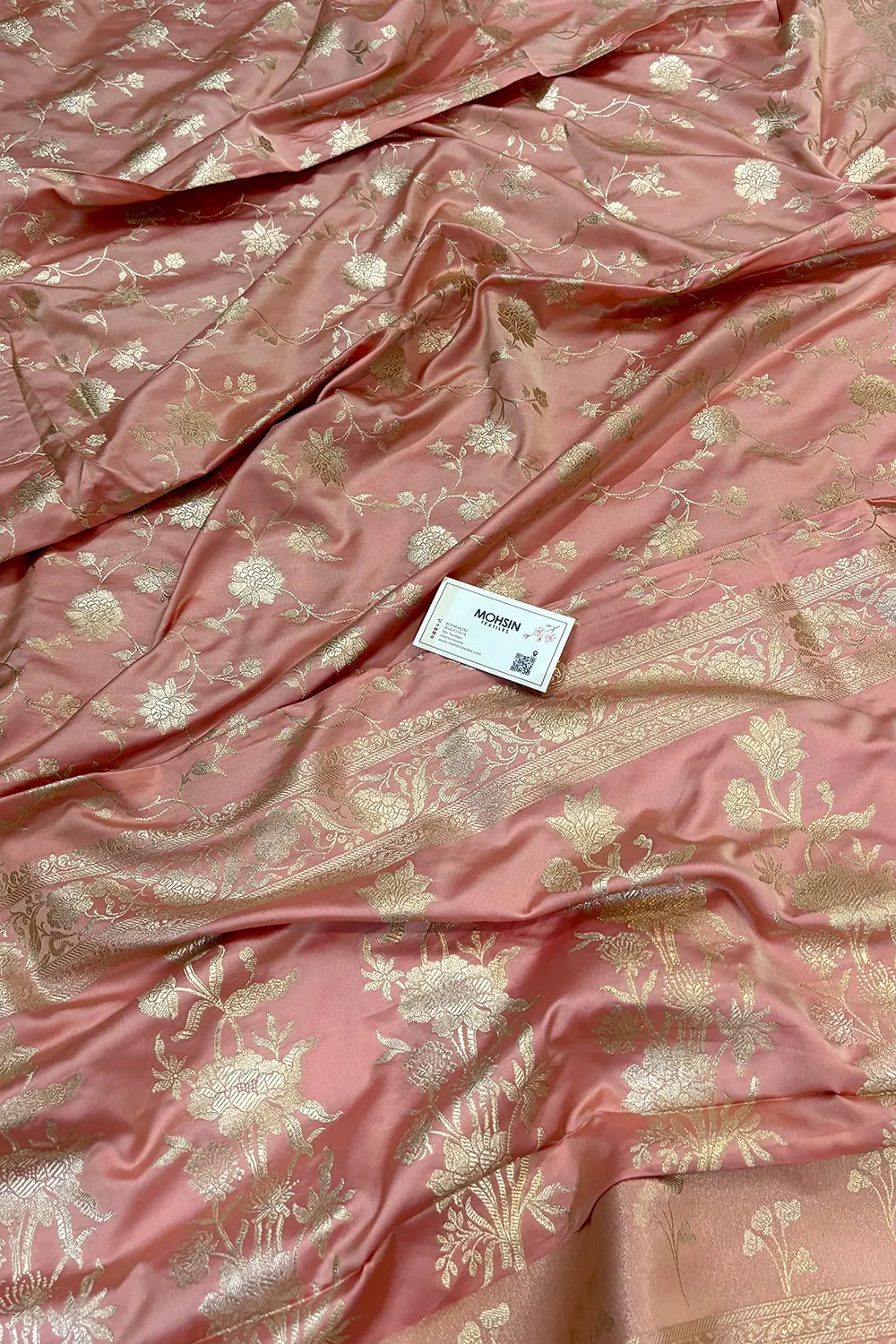 Peach Kesari Jaal Katan Silk Banarasi Saree