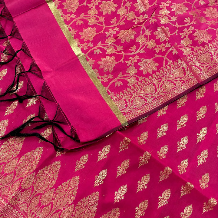 Pink Parvat Buti Satin Silk Banarasi Suit