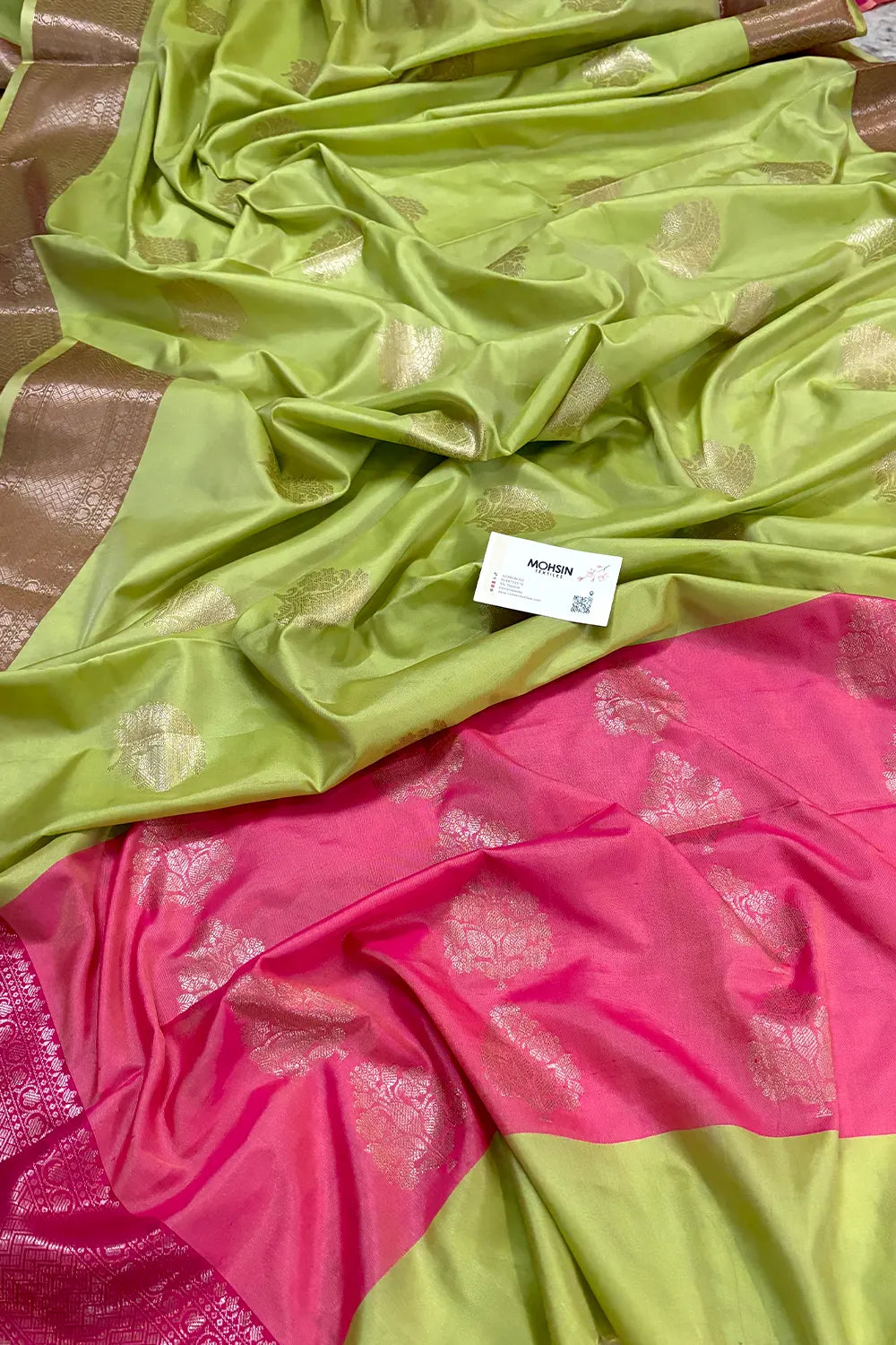 Pista and Pink Golden Zari Banarasi Silk Saree