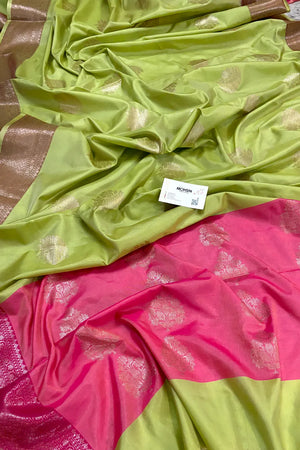 Pista and Pink Golden Zari Banarasi Silk Saree