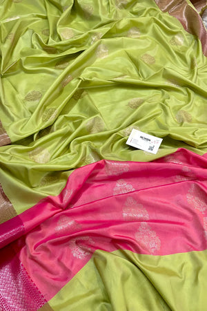 Pista and Pink Golden Zari Banarasi Silk Saree