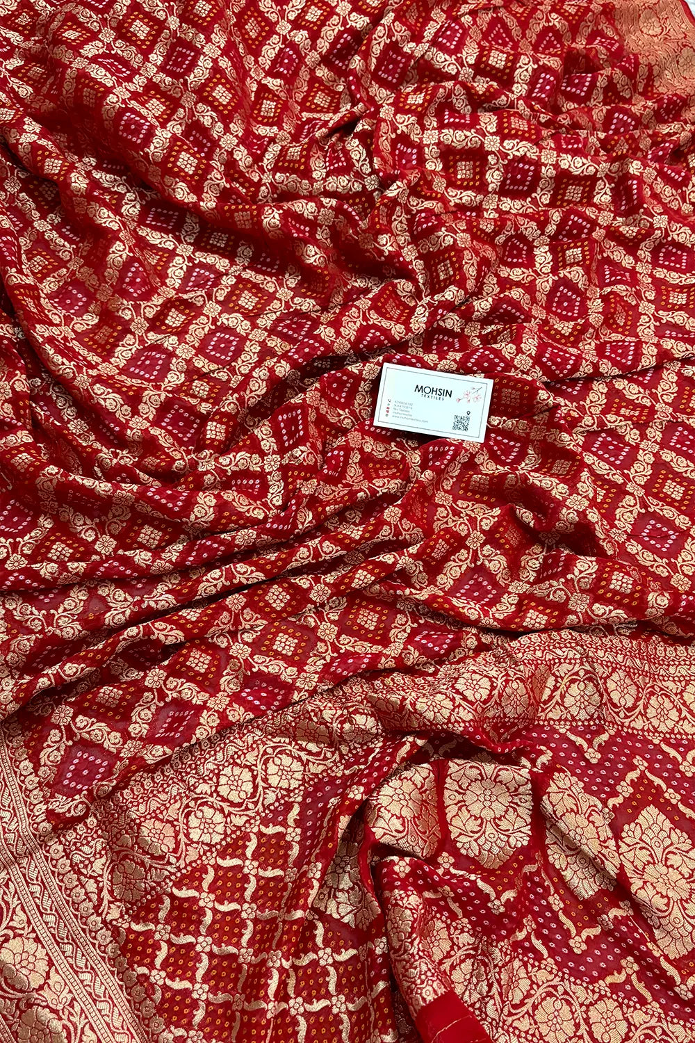 Red Bandhej Georgette Silk Banarasi Saree