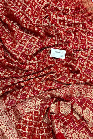 Red Bandhej Georgette Silk Banarasi Saree