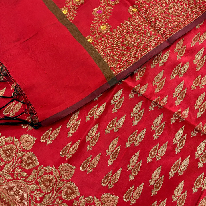 Red Kadi Patti Satin Silk Banarasi Suit