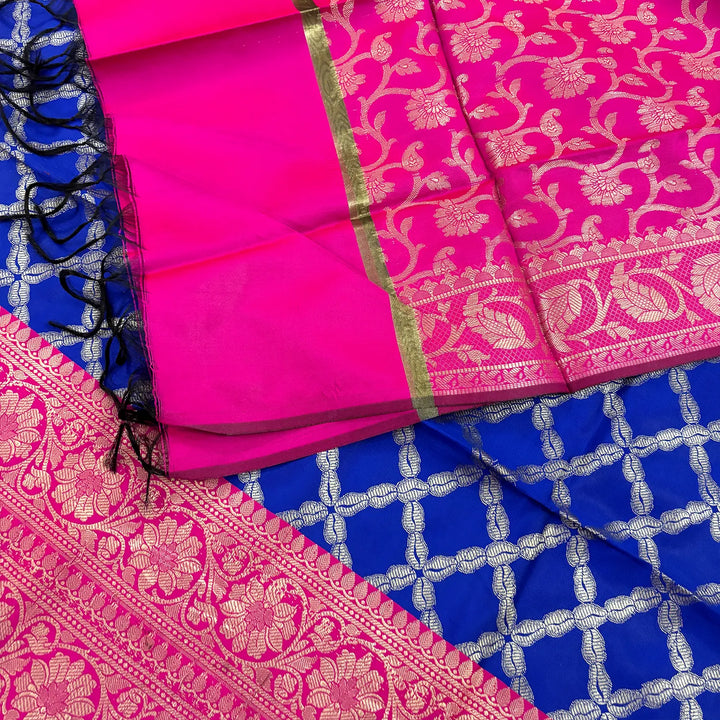 Royal Blue and Pink Zanjeer Satin Silk Banarasi Suit