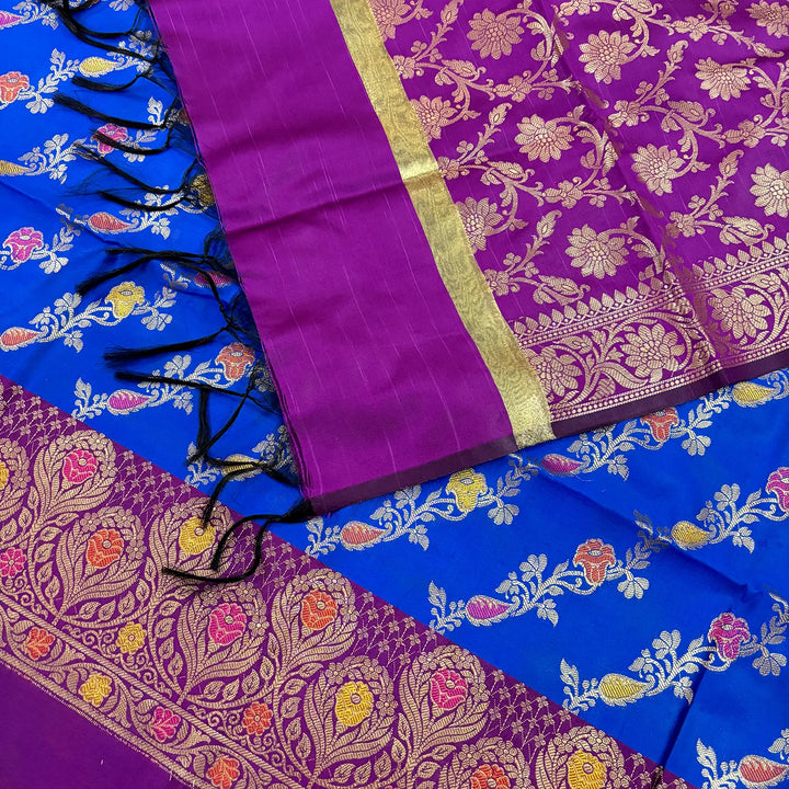 Royal Blue and Purple Rang Mahal Satin Silk Banarasi Suit