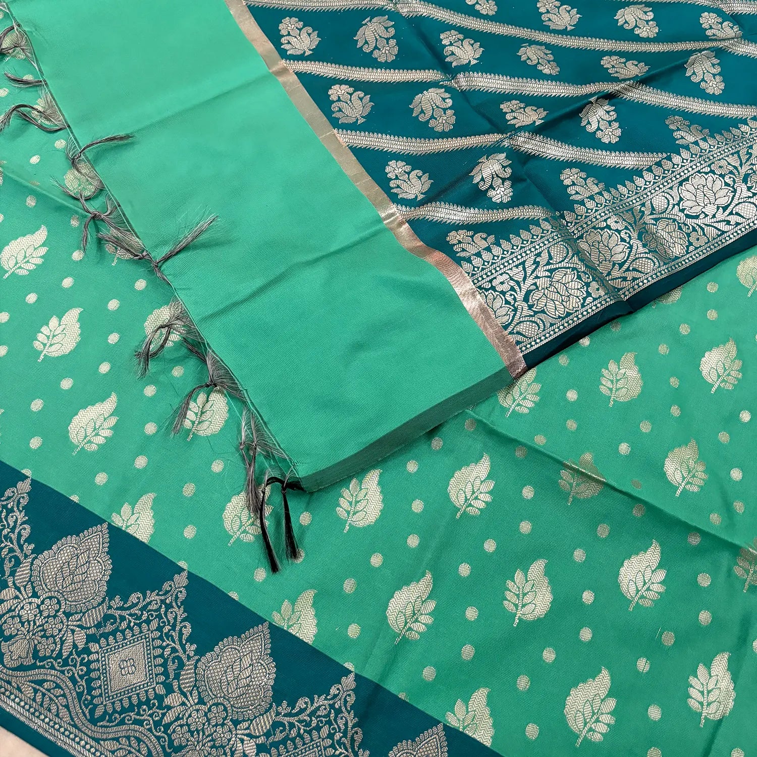 Sea Green and Teal Pankh Buti Satin Silk Banarasi Suit