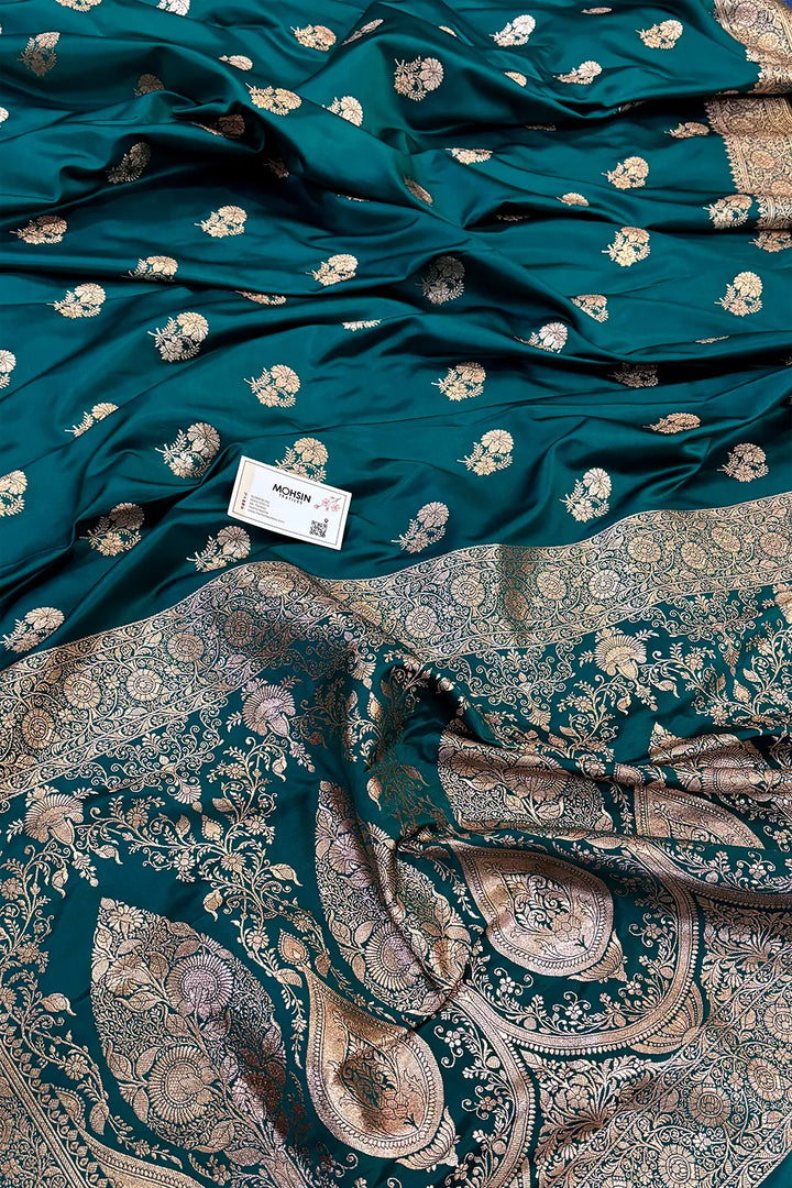 Teal Golden Flower Katan Silk Banarasi Saree