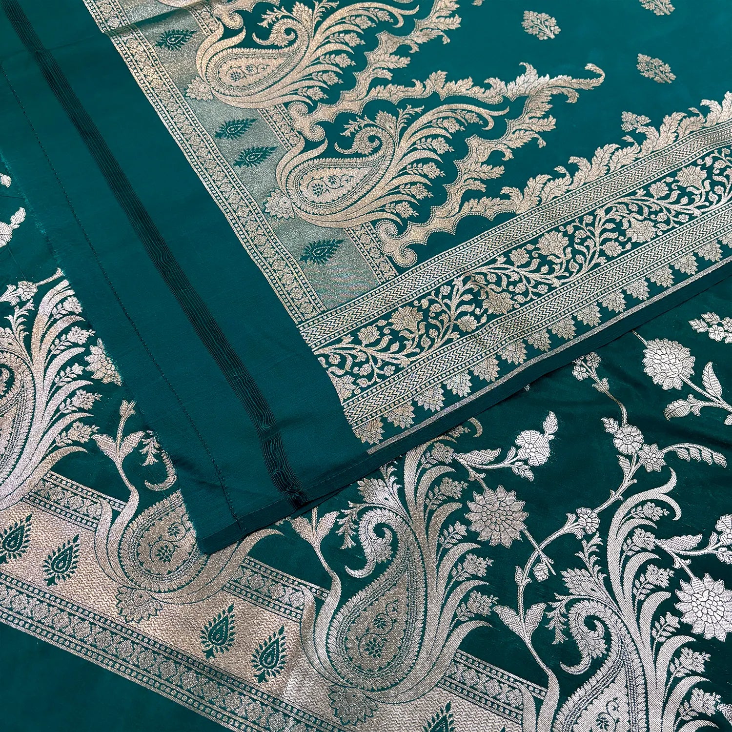 Teal Golden Zari Katan Silk Banarasi Suit