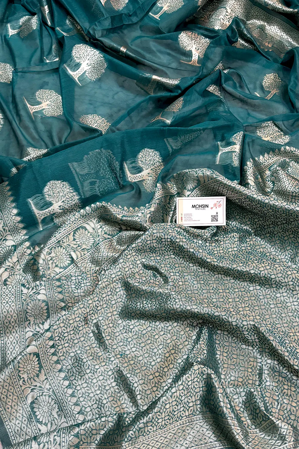 Teal Resham Zari Cotton Silk Banarasi Saree