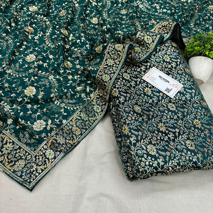 Teal Suhani Jaal Stone Work Kimkhab Silk Banarasi Gharara