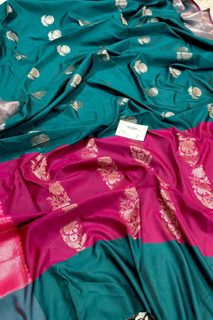 Teal and Pink Golden Zari Banarasi Silk Saree