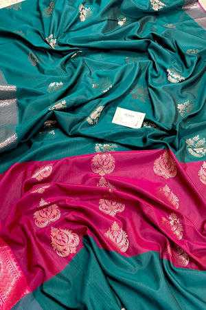 Teal and Pink Golden Zari Banarasi Silk Saree