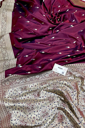 Wine Tilak Buti Katan Silk Banarasi Saree