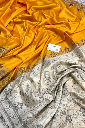 Yellow and Beige Plain Resham Silk Banarasi Saree