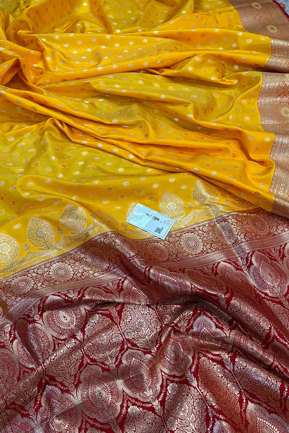 Yellow and Maroon Makkhi Buti Katan Silk Banarasi Saree