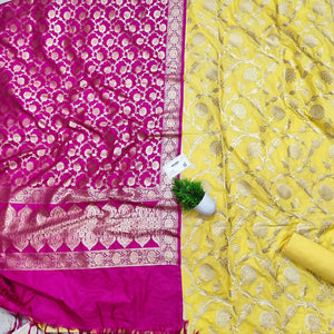 Yellow and Pink Golden Zari Katan Silk Banarasi Suit