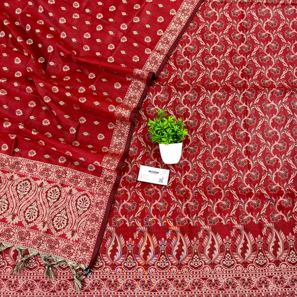 Dark Maroon Surahi Jaal Cotton Silk Banarasi Suit