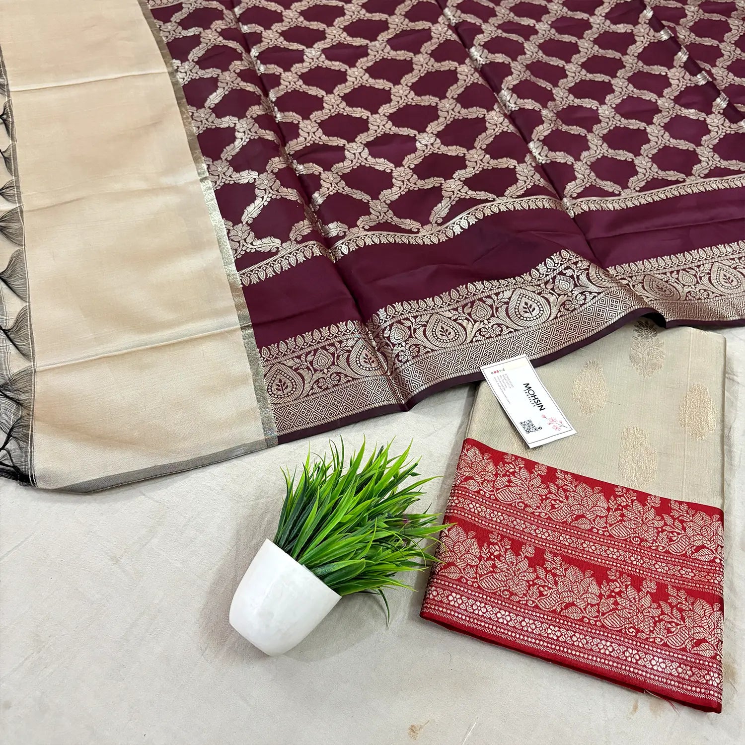 Beige and Red Phooldaan Buti Satin Silk Banarasi Suit