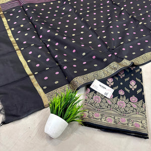 Black Golden Zari Satin Silk Banarasi Suit