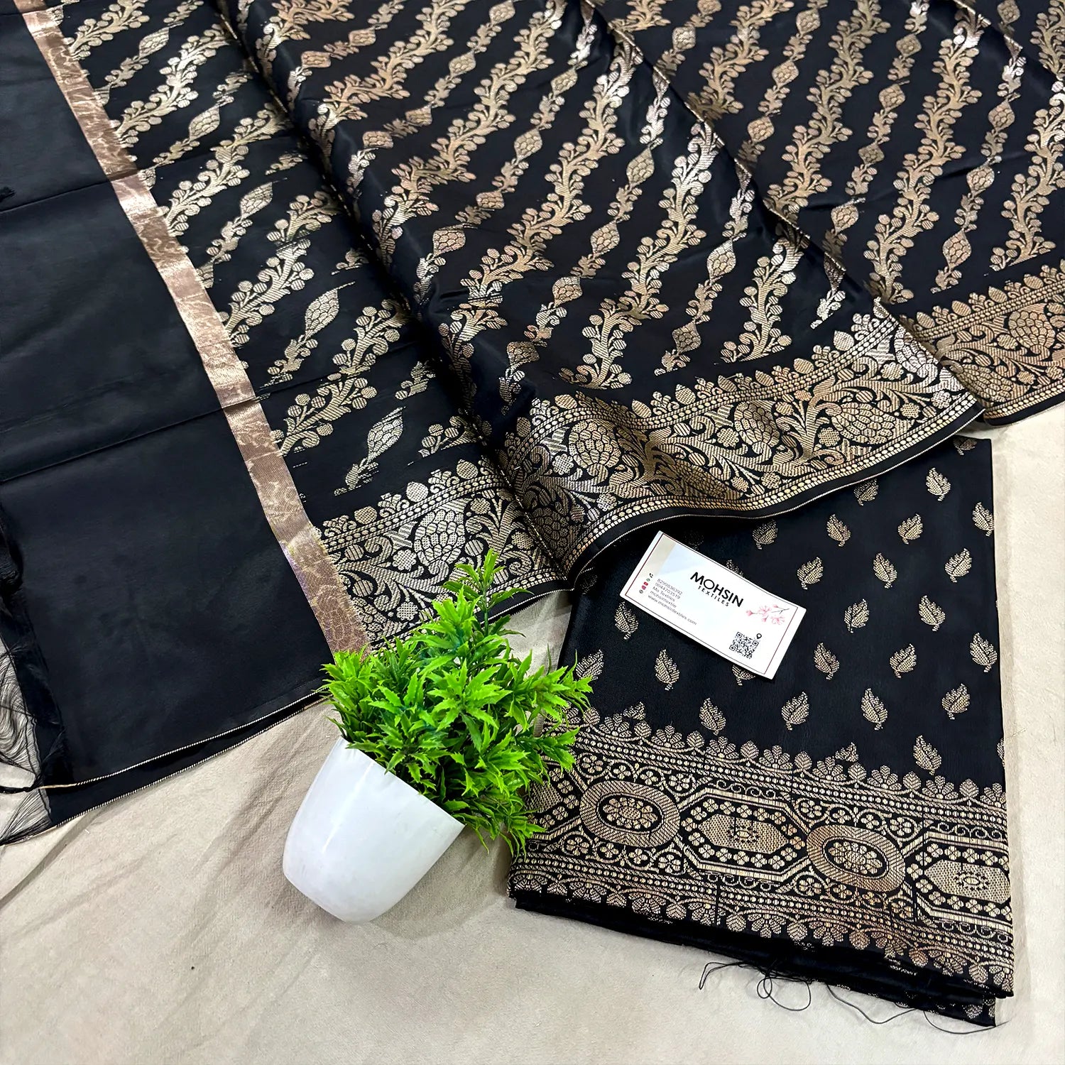 Black Sunehri Pankh Satin Silk Banarasi Suit