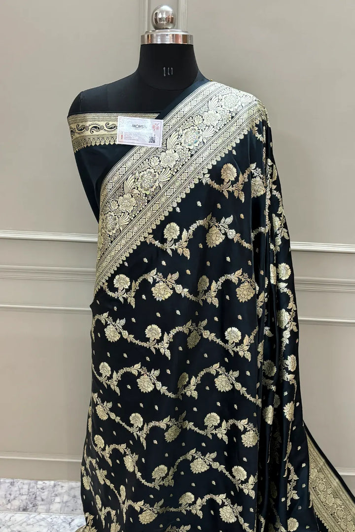 Black Tirchi Daal Katan Silk Banarasi Saree