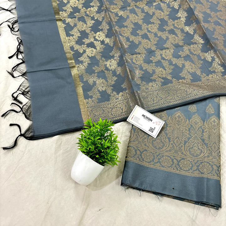 Grey Xmas Tree Satin Silk Banarasi Suit