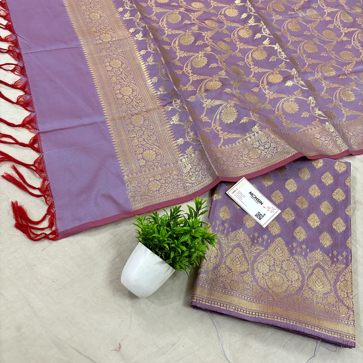 Lavender Singhasan Buti Satin Silk Banarasi Suit