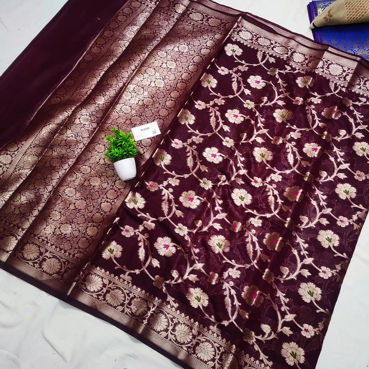 Maroon Golden Zari Georgette Silk Banarasi Saree