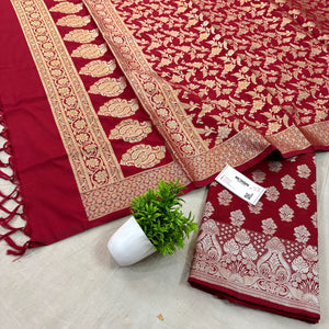 Maroon Golden Zari Katan Silk Banarasi Suit