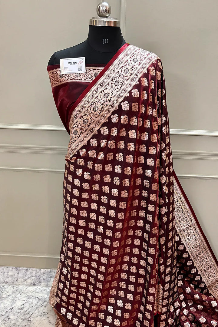 Maroon Naagmani Buti Katan Silk Banarasi Saree