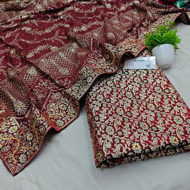 Maroon Stone Work Kimkhab Silk Banarasi Gharara