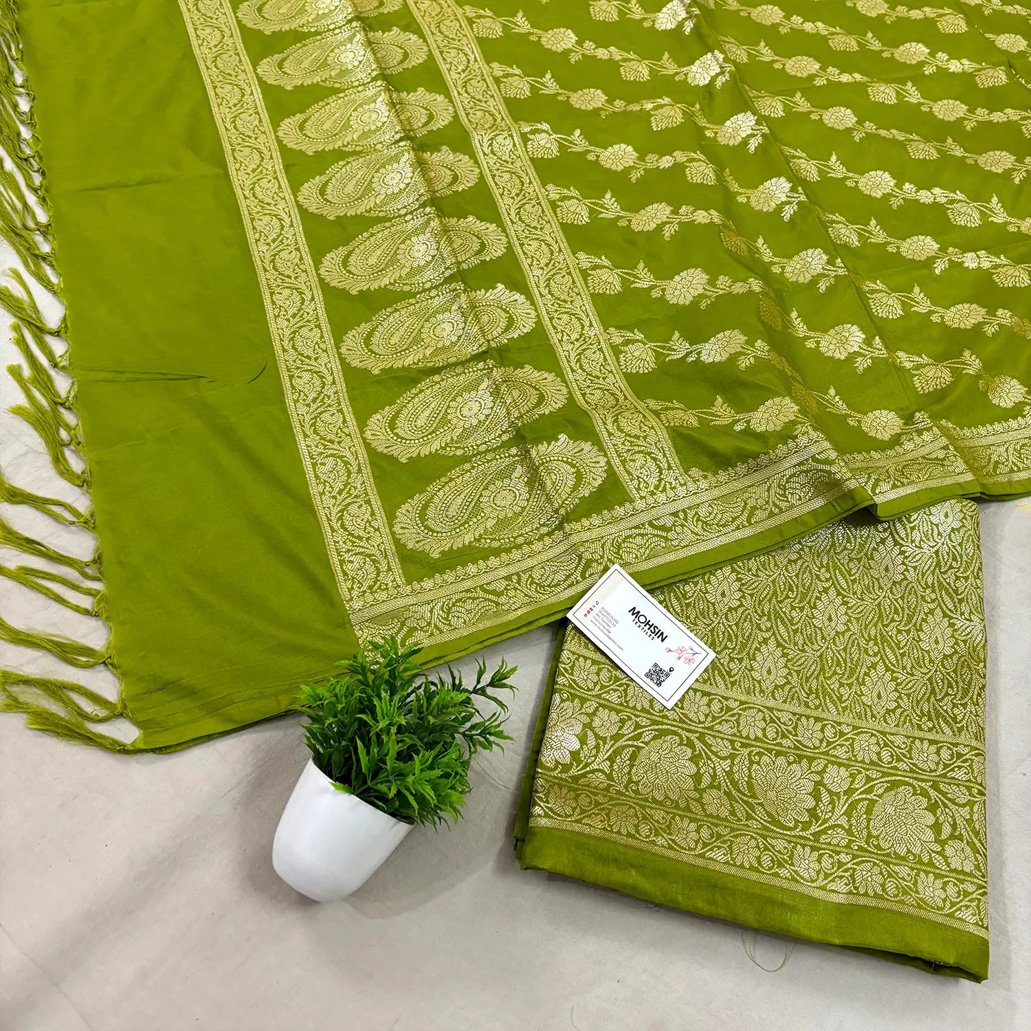 Mehendi Golden Zari Katan Silk Banarasi Suit