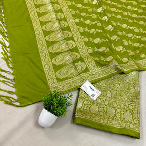 Mehendi Golden Zari Katan Silk Banarasi Suit