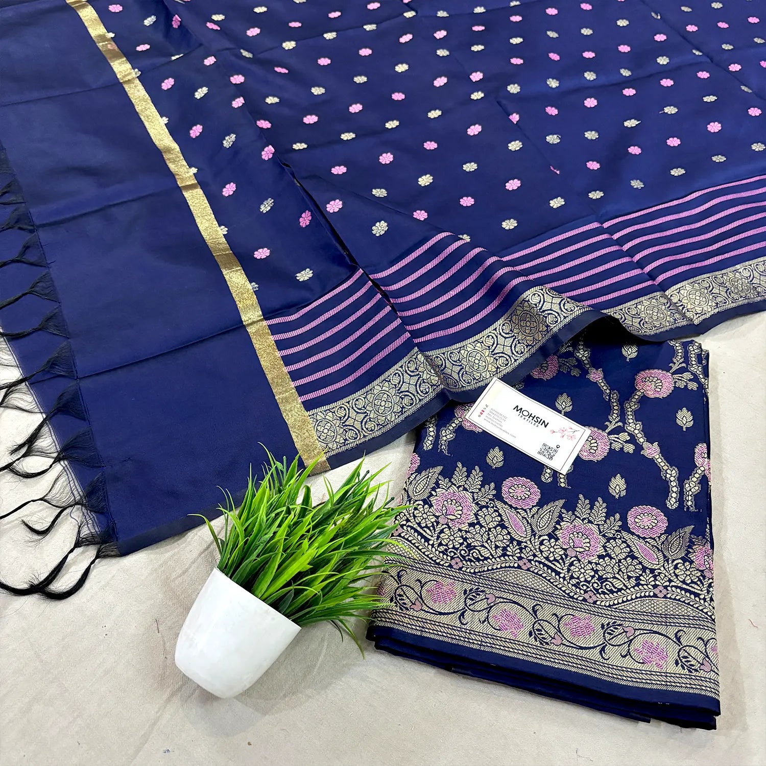Navy Blue Golden Zari Satin Silk Banarasi Suit