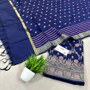 Navy Blue Golden Zari Satin Silk Banarasi Suit