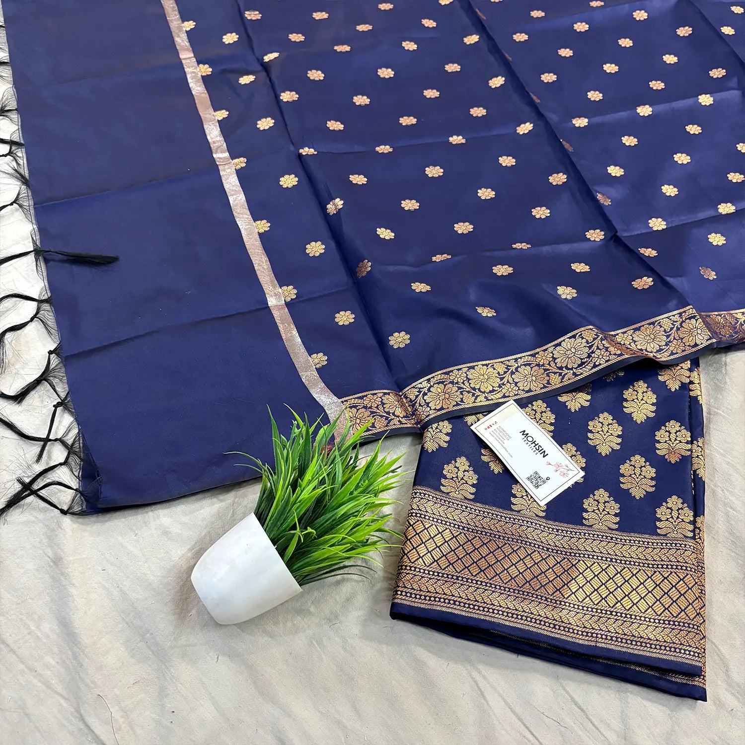 Navy Blue Tri Phool Satin Silk Banarasi Suit