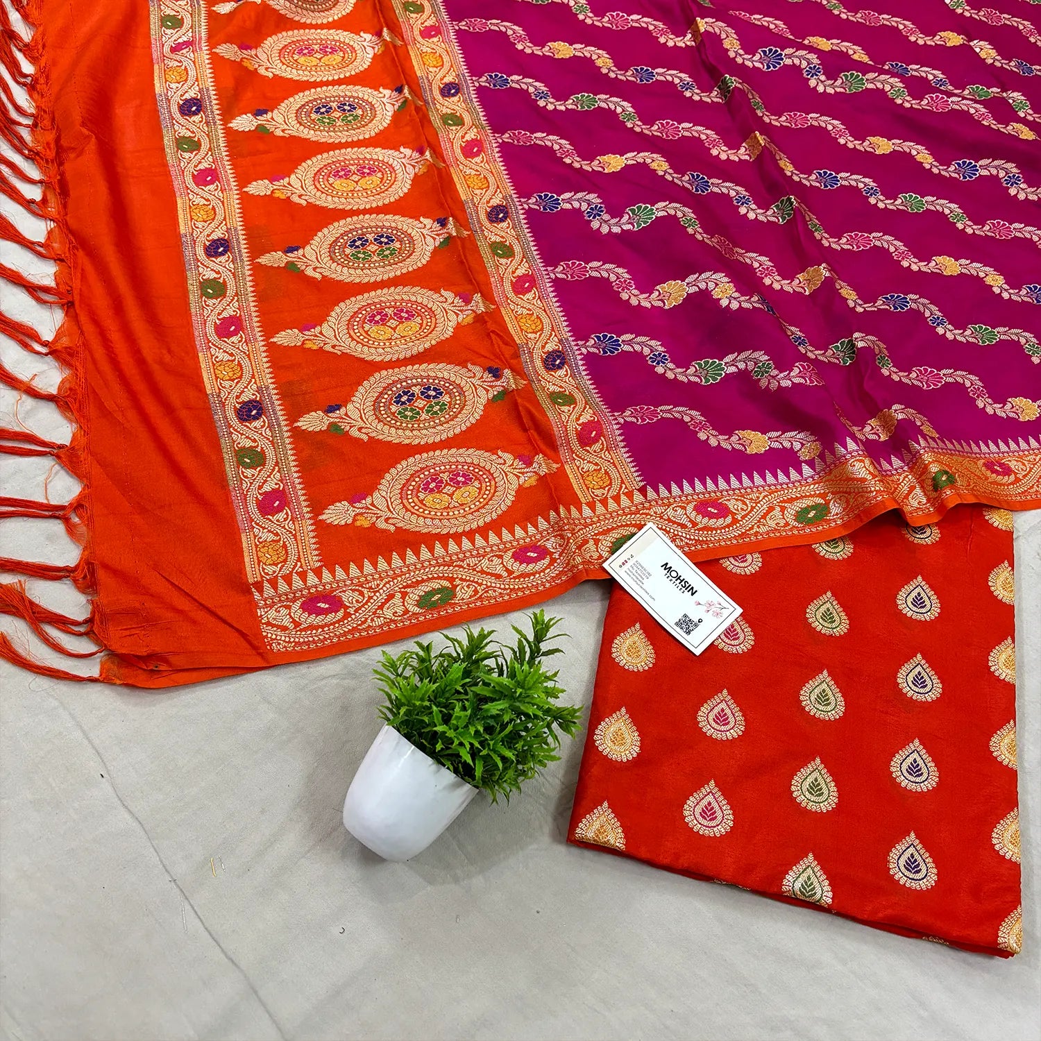 Orange and Pink Golden Zari Katan Silk Banarasi Suit