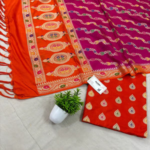 Orange and Pink Golden Zari Katan Silk Banarasi Suit